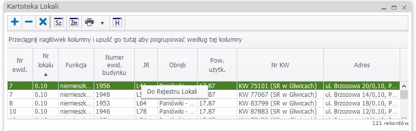 Widok okna kartoteki lokali z opcją przejścia do rejestru lokali