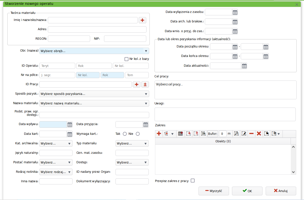 Widok okna stworzenia nowego operatu
