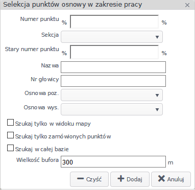 Widok okna selekcji punktów osnowy w zakresie pracy